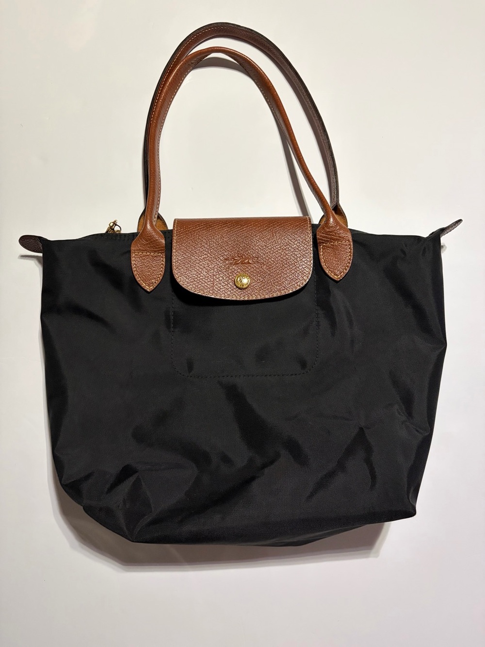 Longchamp Le Pliage Large Black Tote with Brown Leather Trim